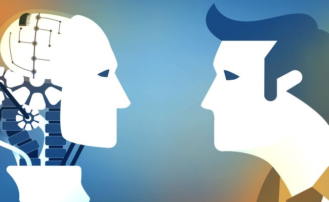 Orange and blue filtered illustration of robot head and human head looking at each other