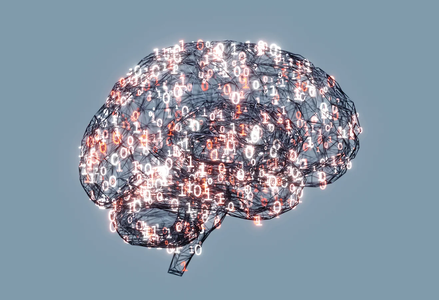 A digital rendering of a human brain made of black wireframe connections, overlaid with glowing white and red binary code (ones and zeros)