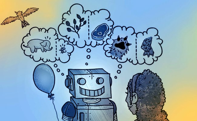 Blue and orange filtered illustration of a robot holding a balloon and speaking to a human. Robot has thought bubbles showing comparisons of animals, fooods, and paws.