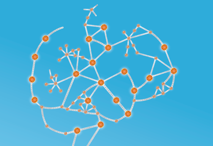 A digital illustration of a brain-shaped network on a blue background