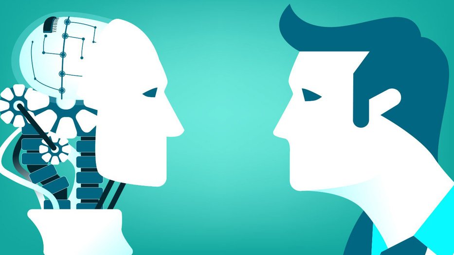 Illustration of robot head and human head looking at each other
