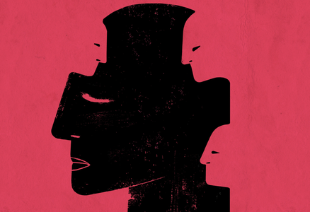 red and black illustration of a silhouette of a human head with three smaller heads overlapping