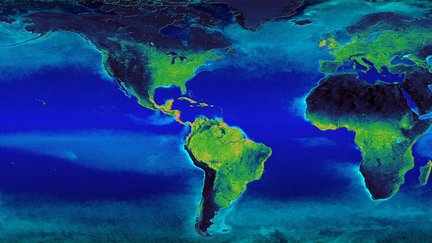 A blue, green, yellow, and orange flat rendering of Earth's surface