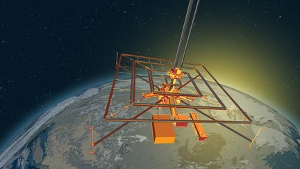 An artist's rendering shows a space solar fuel demonstration project hovering over Earth.