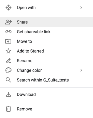 A screen image of a Google Drive menu, with "Share" selection highlighted