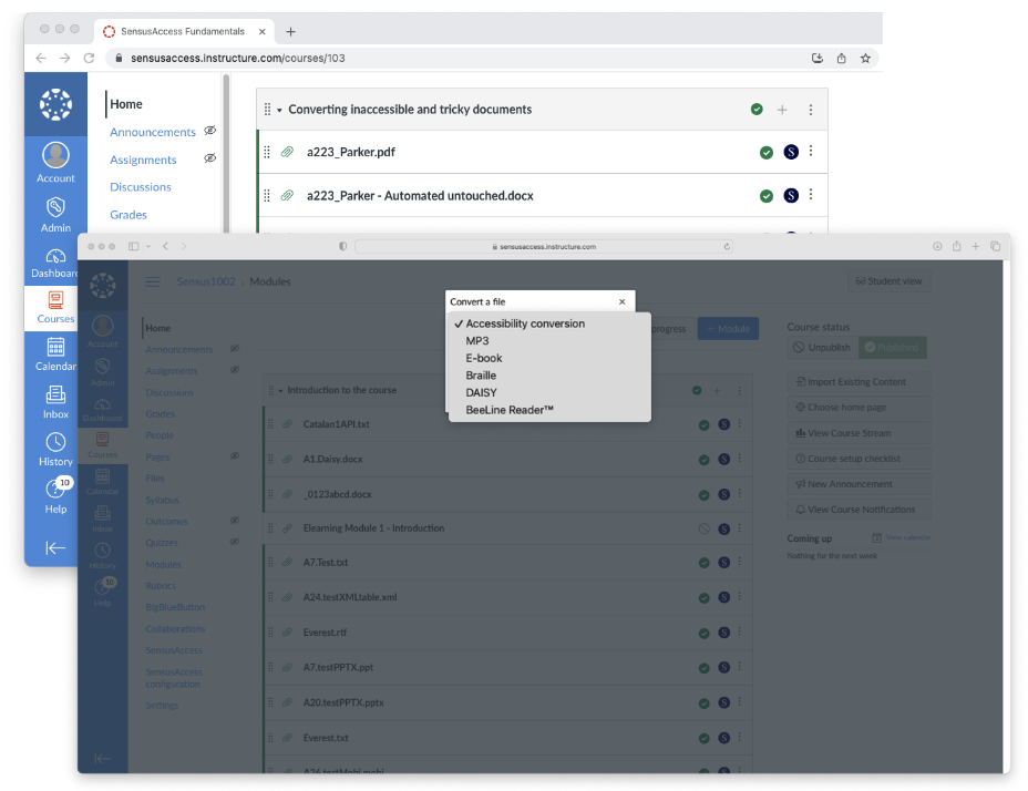 A graphic showing document conversion by SensusAccess in Canvas