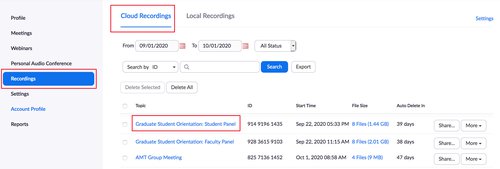 ZOom profile where to find cloud recording list